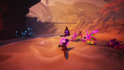 Two Duskfade characters exploring a desert ruin at the start of the game