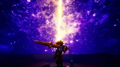 Duskfade hero firing a weapon that sends a beam of light into the night sky