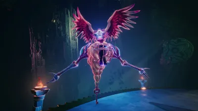 Winged skeletal boss hovering in a dark Duskfade dungeon chamber