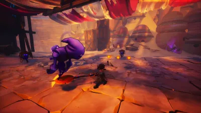 Pink jelly creature beside the player on a Duskfade canyon path