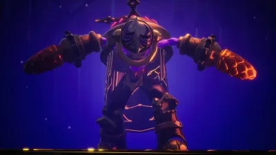 Armoured Duskfade boss standing with arms spread in a purple arena