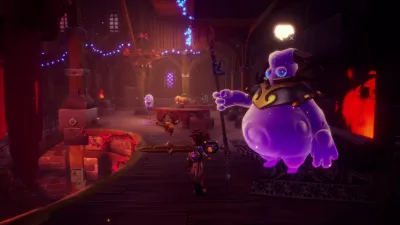 Purple merchant creature behind a counter in a Duskfade shop interior