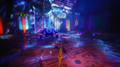 Neon-lit Duskfade street with floating orbs and a character in the foreground