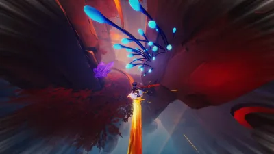 Red and blue winged creature flying up a cliff face in Duskfade