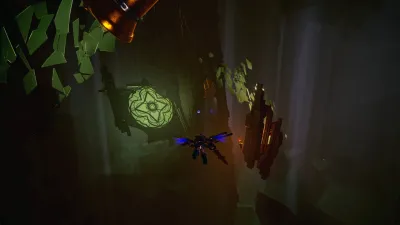 Green glowing tree symbol on a dark forest wall in Duskfade